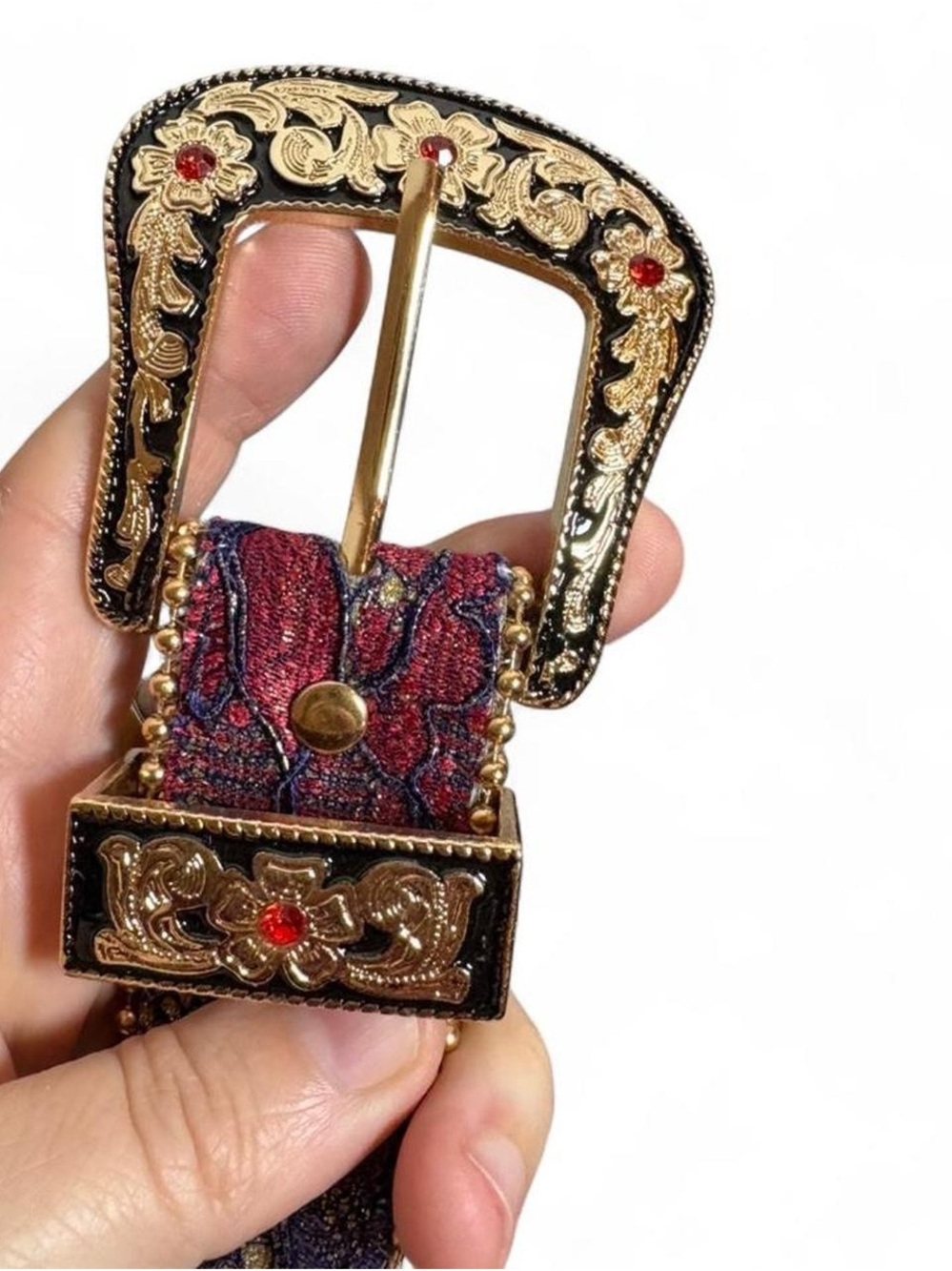 Vintage Ornate Gold Beaded & Lace-Covered Leather Belt - Picture 5 of 8